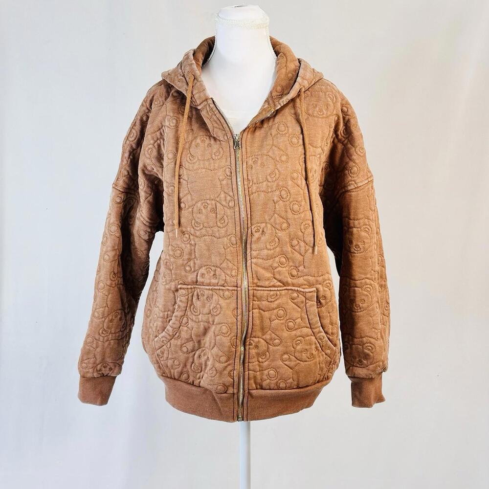Forever 21 Sz L Brown‎ Teddy Bear Hoodie Heavy Cozy Kawaii Y2K Zip Jacket